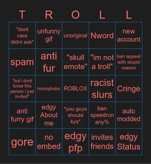 Troll Bingo Card