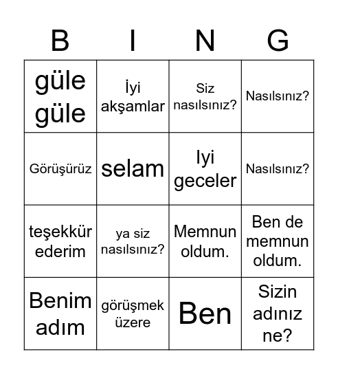 SELAMLAŞMA / TANIŞMA Bingo Card