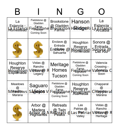 Meritage Homes Bingo Tour of Tucson Bingo Card