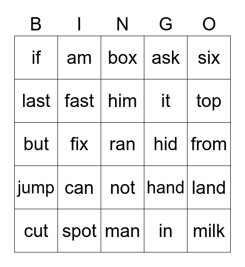 a, i, o, u Bingo Card