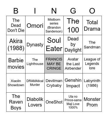 Francis may be cringe Bingo Card