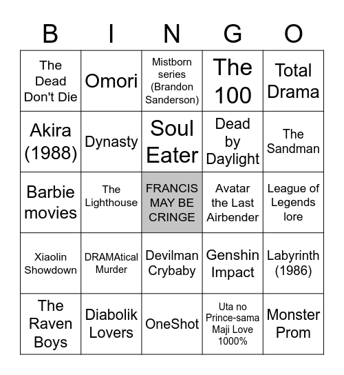 Francis may be cringe Bingo Card