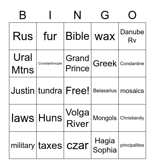 Byzantine Empire Bingo Card