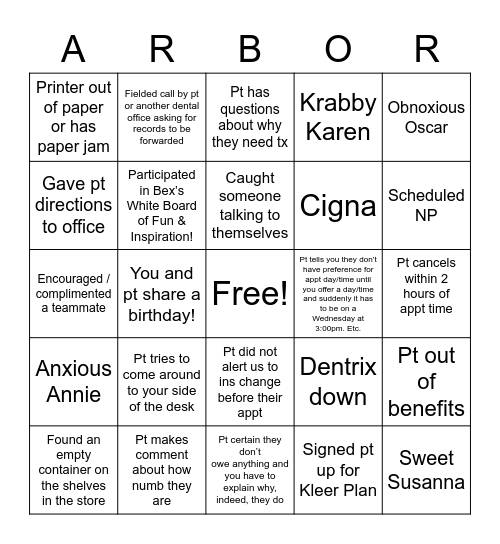 ADG Bingo: Front Staff Bingo Card