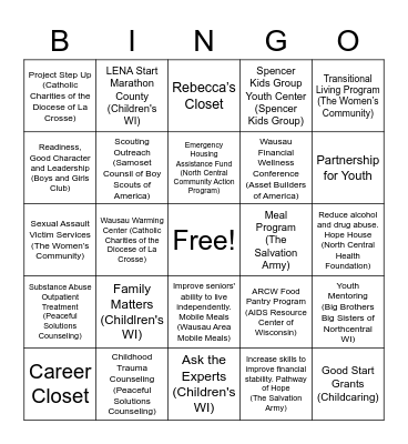 Children's WI United Way Campaign 2022 Bingo Card