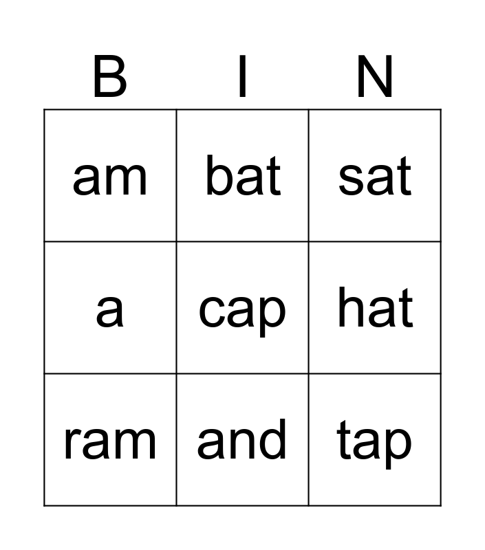 Short A words Bingo Card