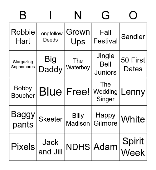 Spirit Week Bingo Card