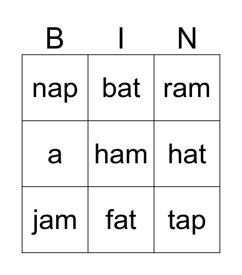 Short A words Bingo Card