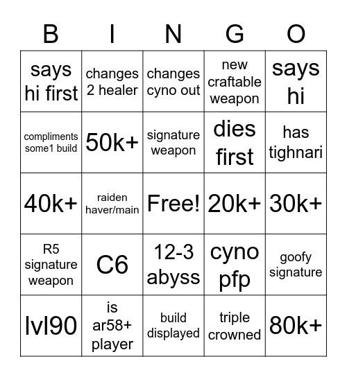cyno bingo >:) Bingo Card
