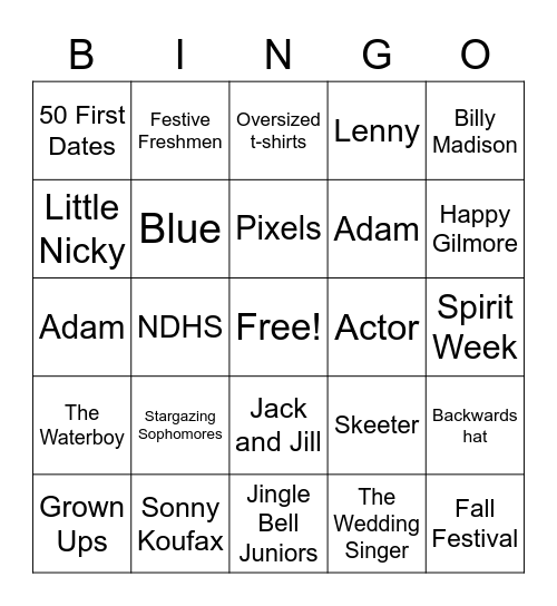 Spirit Week Bingo Card
