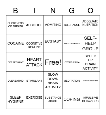 Substance Abuse and Coping Bingo Card