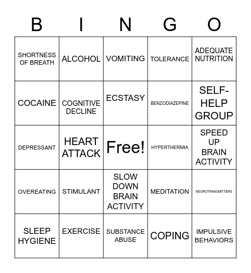 Substance Abuse and Coping Bingo Card