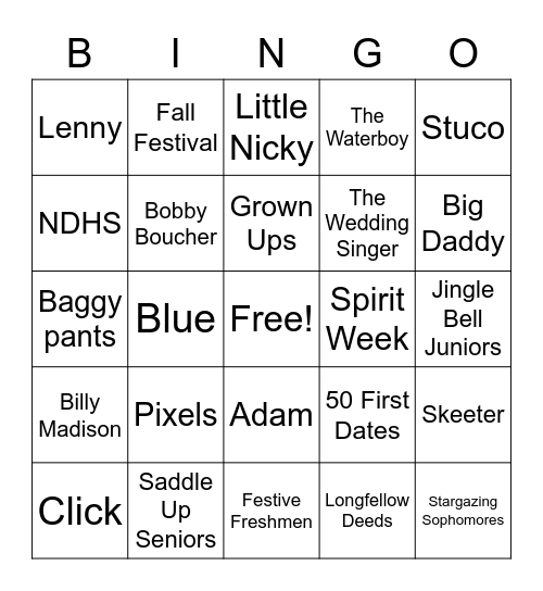 Spirit Week Bingo Card