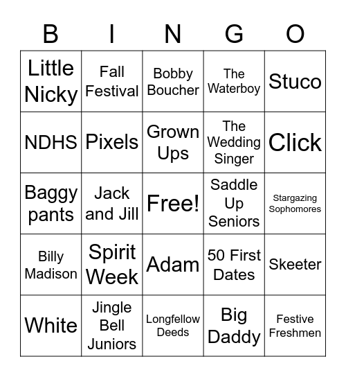 Spirit Week Bingo Card