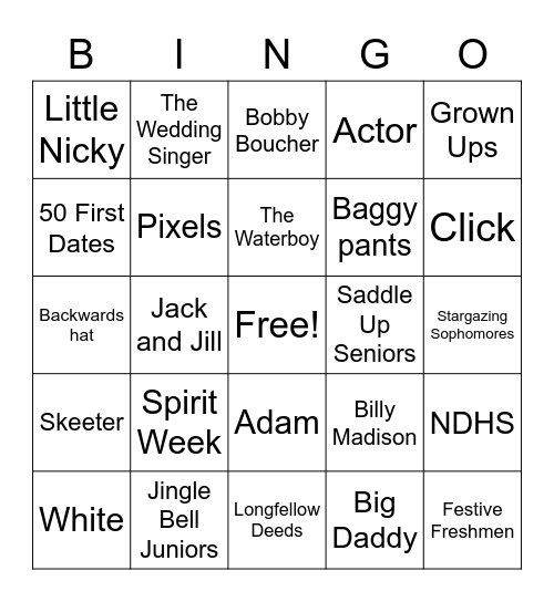 Spirit Week Bingo Card