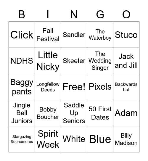Spirit Week Bingo Card