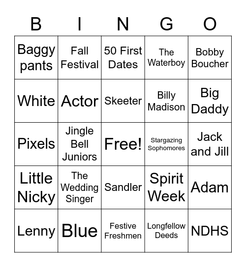 Spirit Week Bingo Card