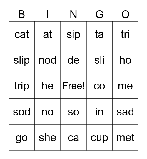 Open/Closed Syllables Bingo Card
