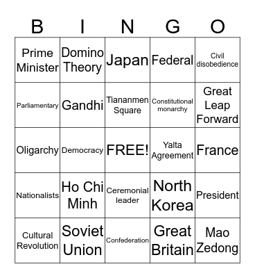 Asia History and Government Bingo Card