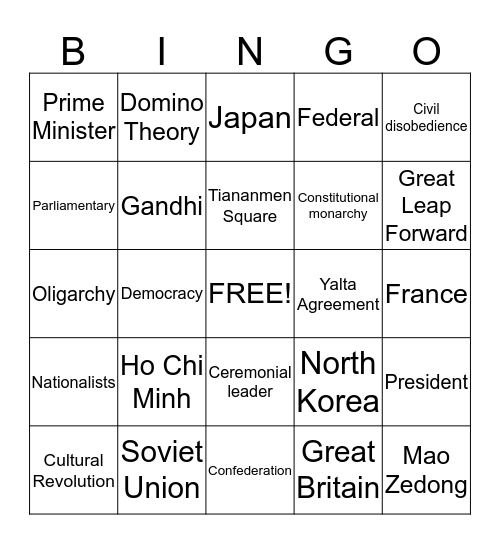 Asia History and Government Bingo Card