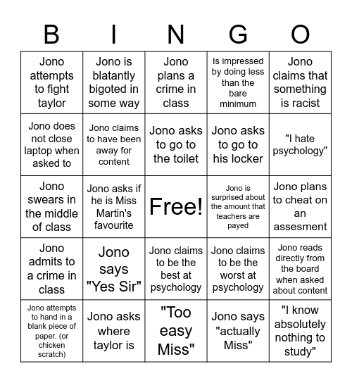 Jono Bingo Card