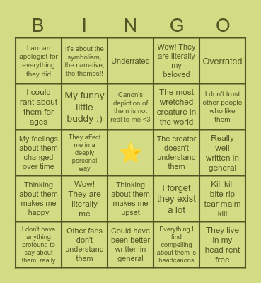 Character Bingo Card