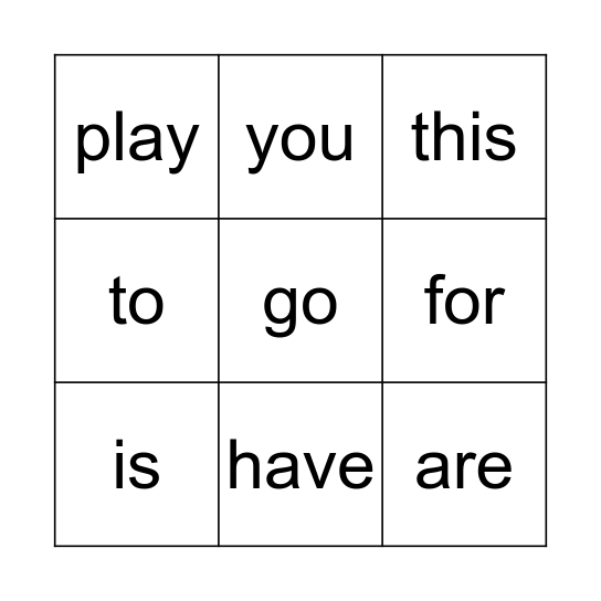 Sight Words Bingo Card