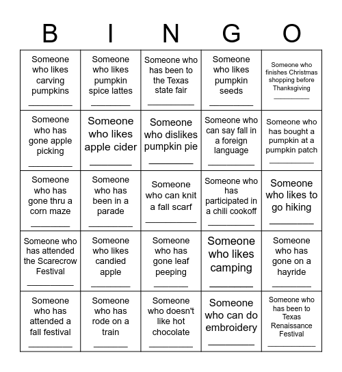 Fall Fun Bingo Card