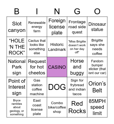 Utah Roadtrip BINGO Card