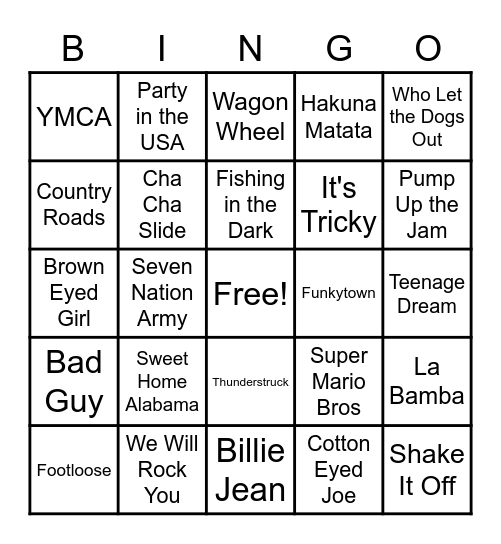 Name That Tune Bingo Card