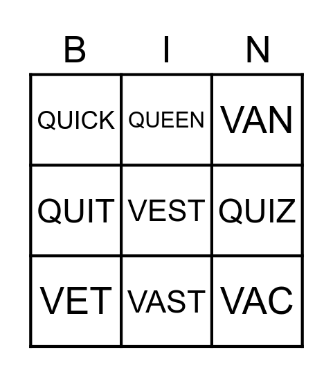 V & B Words Bingo Card
