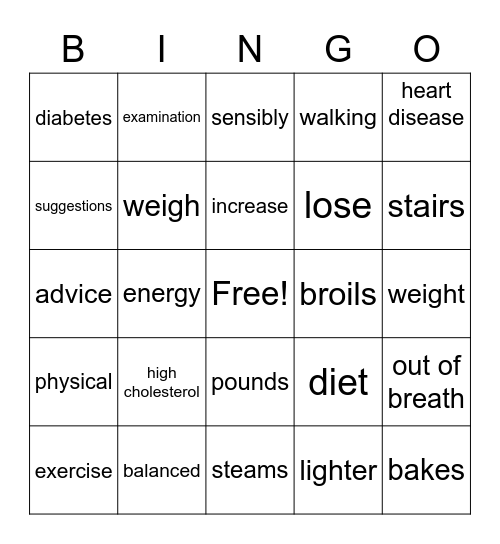 lesson 3 Losing Weight Bingo Card