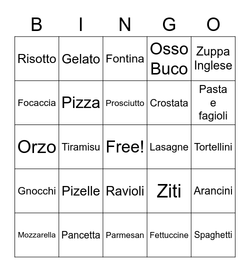 ITALIAN FOOD BINGO Card