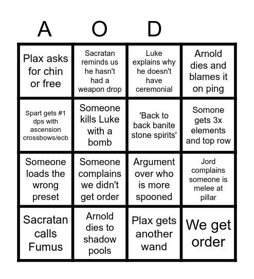 AOD with the boys Bingo Card