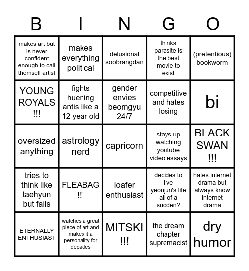 AYA'S Bingo Card