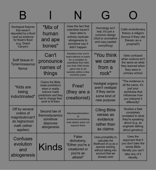 Creationist Bingo Card