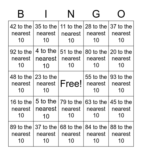 Rounding 2-digit numbers to the nearest 10 Bingo Card