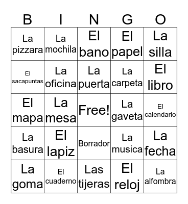 Spanish words Bingo Card