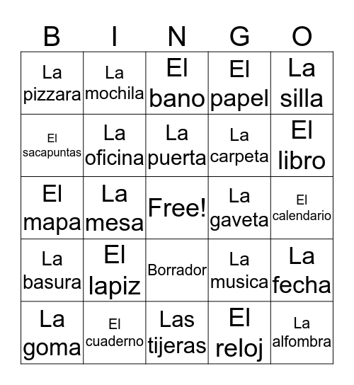 Spanish words Bingo Card