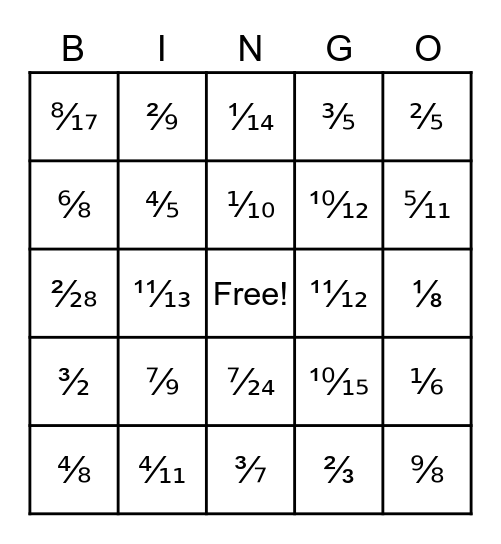 Fractions Bingo Card