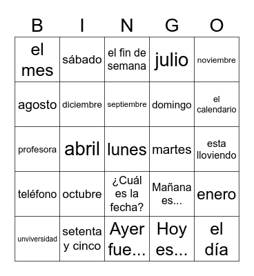 Numbers, Days, Months, Cognates Bingo Card