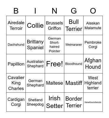 Dog Breed Bingo Card