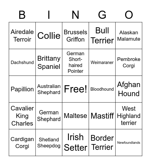 Dog Breed Bingo Card