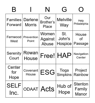 Office of Homeless Services Emergency and Temporary Housing Bingo Card