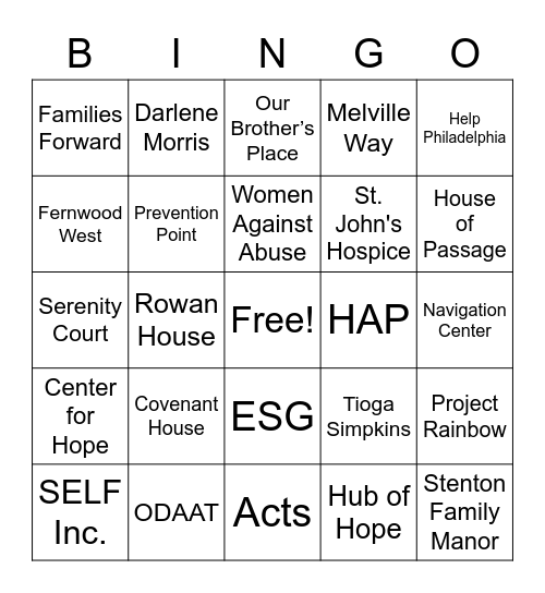 Office of Homeless Services Emergency and Temporary Housing Bingo Card