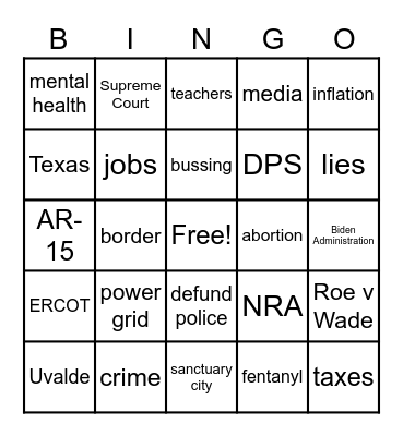 Texas Governor Debate Bingo Card