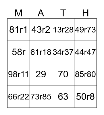 TArget Time Division Math Bingo Card