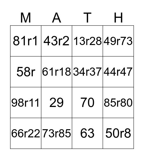 TArget Time Division Math Bingo Card