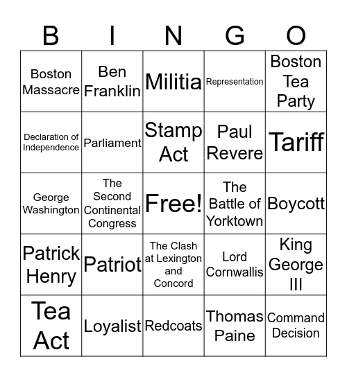 American Revolution Bingo Card