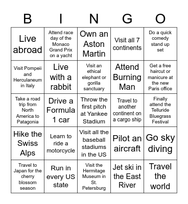 Bucket list bingo Card